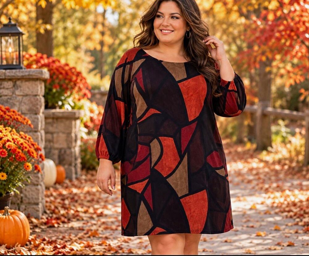 Lane Bryant Geometric Velvet Dress 20W Black Orange Burgundy Fall Thanksgiving